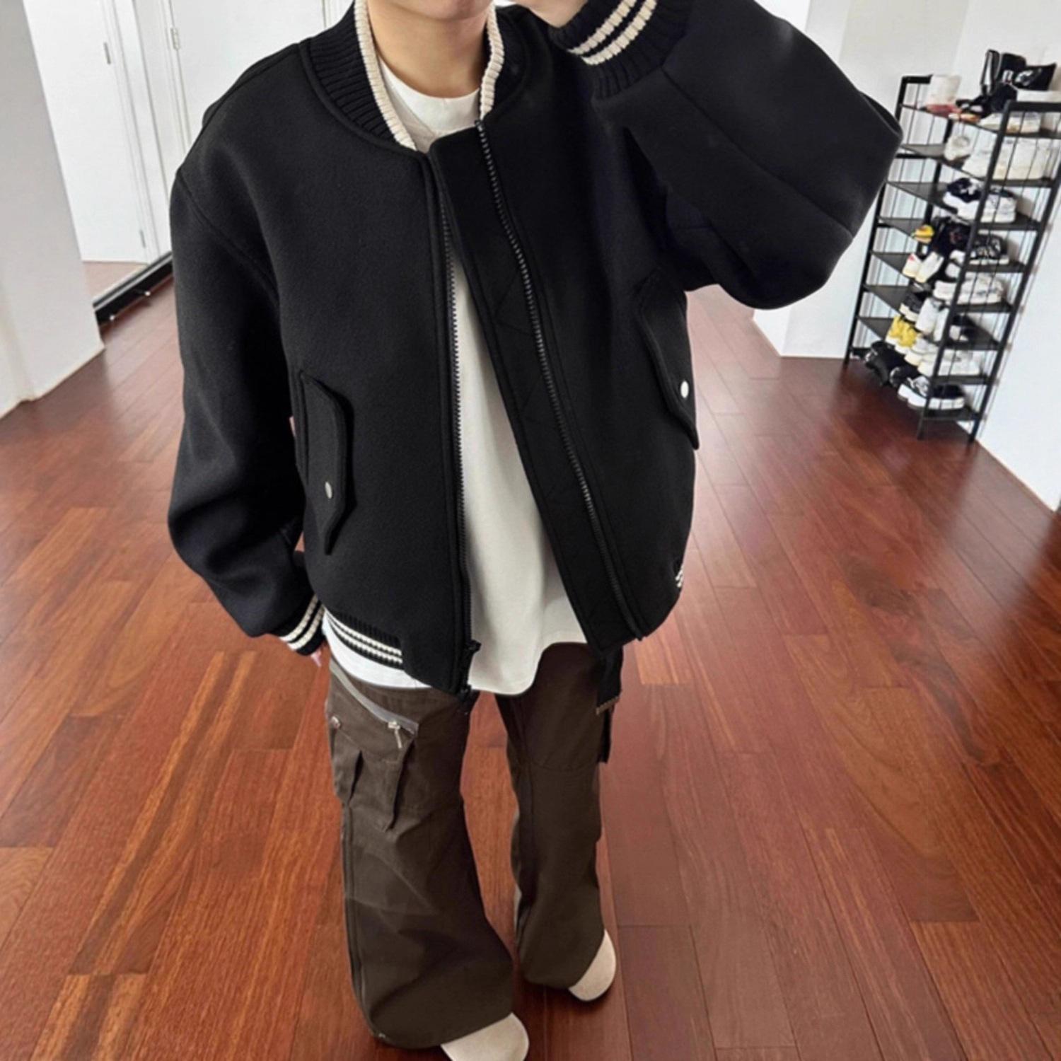 

2025 autumn and winter woolen baseball jacket men s simple sports loose casual versatile solid color jacket top 2XL чорний