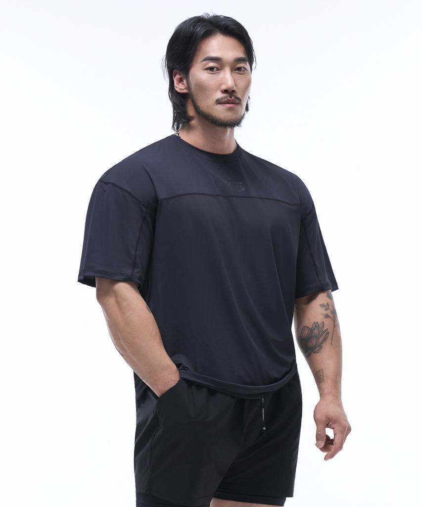Pijikeolgameoncheu P2407 Mesh Color Block Functional Oversized Short Sleeve [Black]