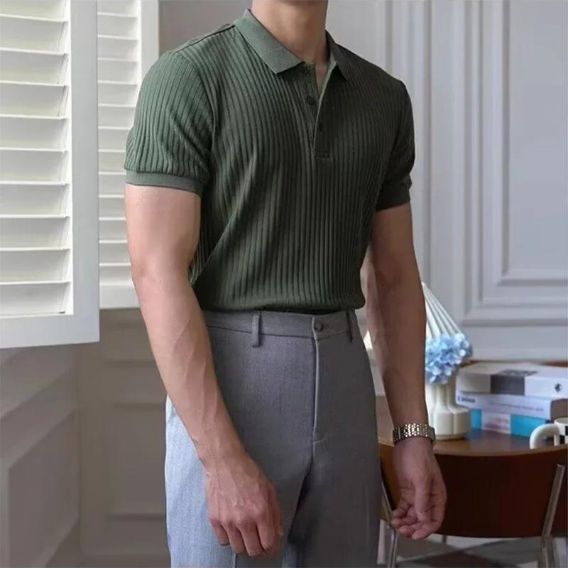 Polo a Maglia a Righe Verticali da Uomo Estate Nuove Slim Monocolore Traspiranti Colletto a Revers Business Manica Corta Polo Top
