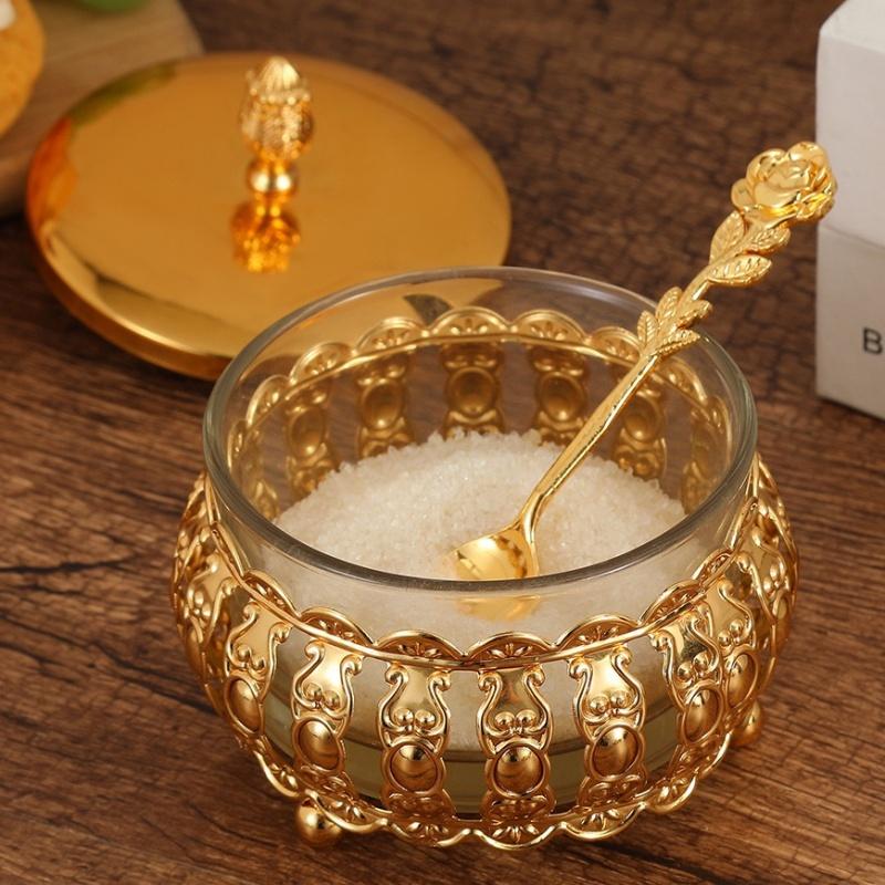 European Style Sugar Bowl Seasoning Jar,Hollowed-Out Alloy With lid,Coffee Beans Container,Cream Storage Pots,Kitchen Tools
