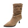Foreign temperament thin heel high heel pointed thin short boots women's 2025 new autumn and winter versatile pleated pile naked boots