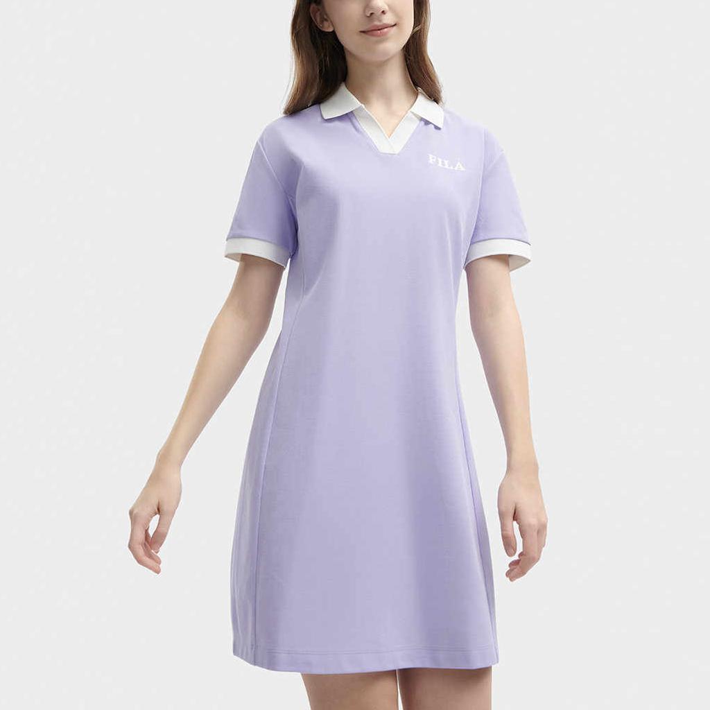Fila Letter Logo Printed Breathable Sports Casual Slim Elegant Short Sleeve Dress Women Dresses Lavender F51W429301F-PU