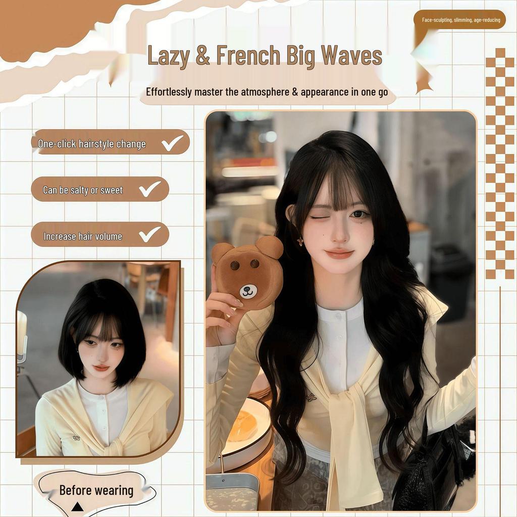 Women's Full Head Wig with Natural Seamless Bangs and Large Waves for Autumn and Winter 
