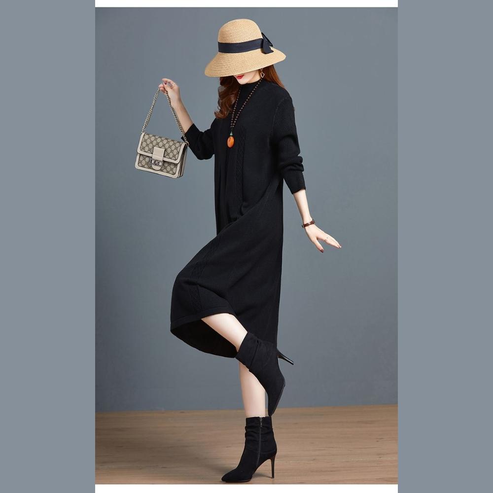 Long Knee-length Knitted Dress for Women In Autumn and Winter Solid Color Loose Plus-size Sweater Dress Half Turtleneck Sweater A-line Dress