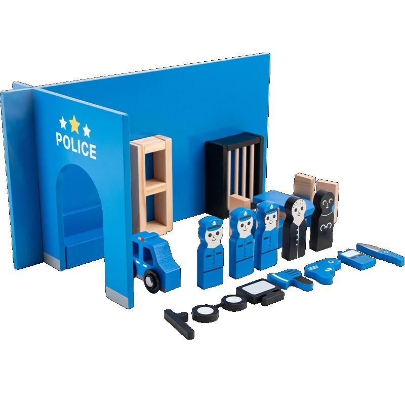 Montessori Wooden Toys Children Fire Station Police Station Simulation Toy Pretend Play Tools Construction Toy Motor Skills Kids