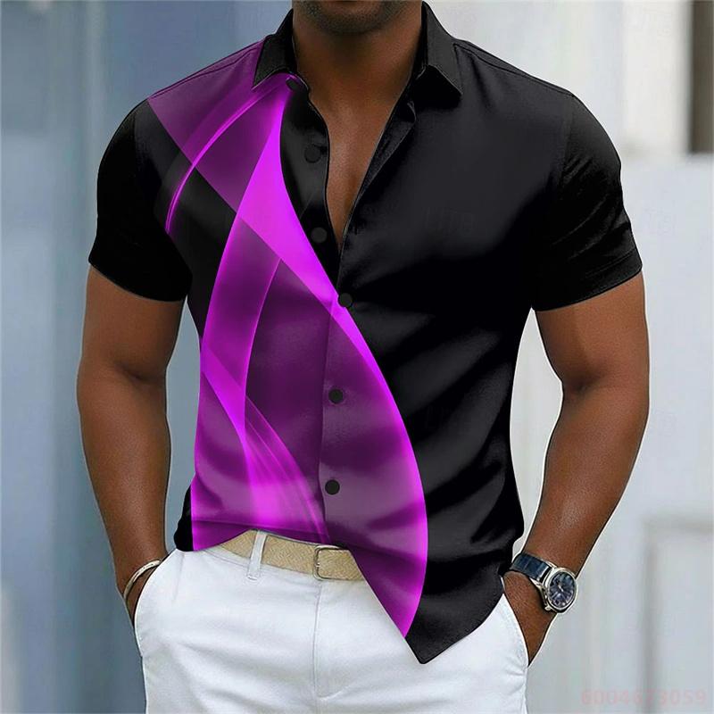 Nuova Camicia da Uomo a Maniche Corte Stampa a Righe Curve Bianche e Blu Vestibilità Business Casual Collo a Revers Camicia da Uomo