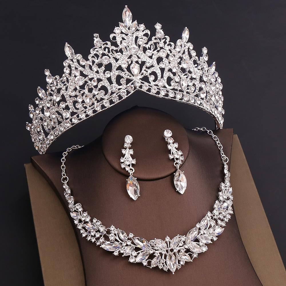 S3004F European and American Bride Three-Piece High-Style Ball Wedding Jewelry Rhinestone Crown Headband Set