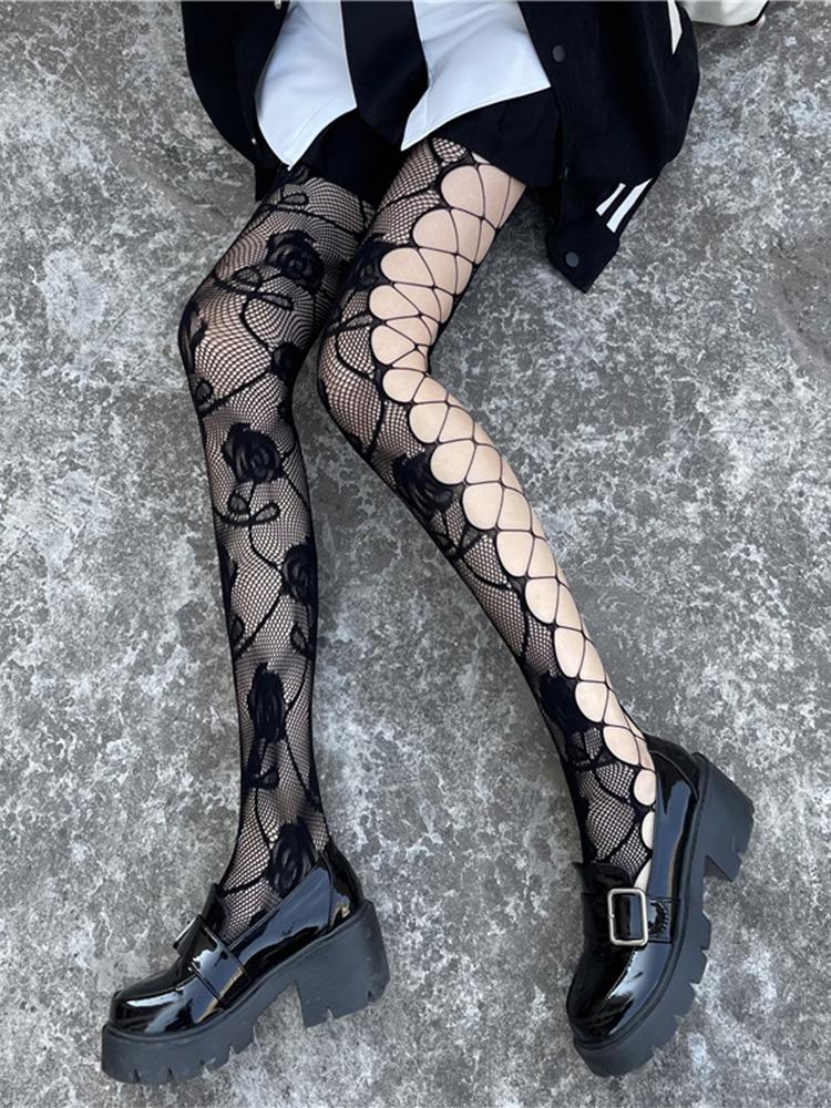 Sexy Hottie Hollowed Out Fishing Net Socks Side Rose Black Jumpsuit Socks Personalized Rose Black Stockings Fashion Pantyhose