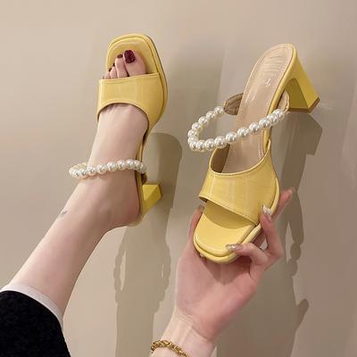 2024 NewSquare Toe Thin High Heels Pearl High Heel Women's Shoes Women's High Heels Fashion Ladies Summer Women's Shoes Slippers