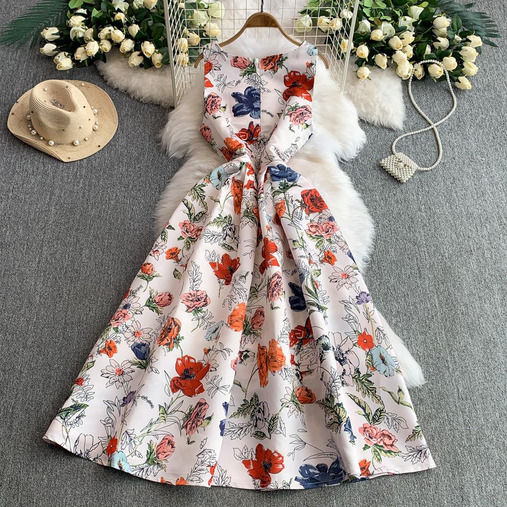 High-end printing temperament sleeveless dress women's summer new waist thin puffy pendulum long skirt