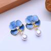 LSOOYH Freshwater Pearl Earrings Gold Color Blue Flower Stud Earrings Fashion Birthday Anniversary Gifts For Women