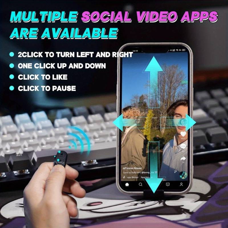 Tiktok BT Smart Scrolling Ring Remote Page Turner with Cell Phone Stands Wireless Camera Shutter Selfie Button - for iPhone iPad Android (Black)