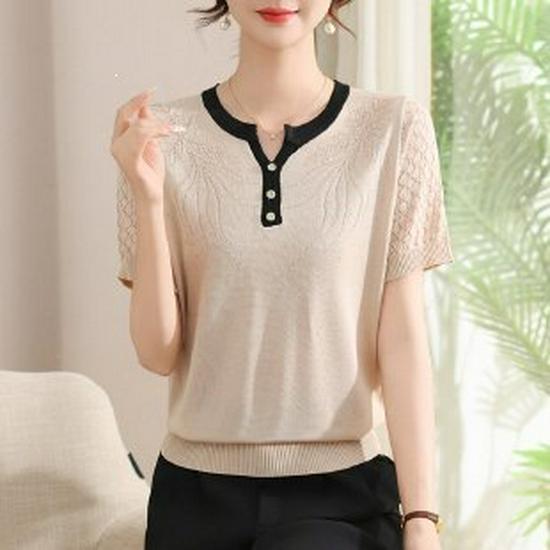 

Elegant Ice Silk Knit Short-Sleeved T-Shirt for Women XL бежевый