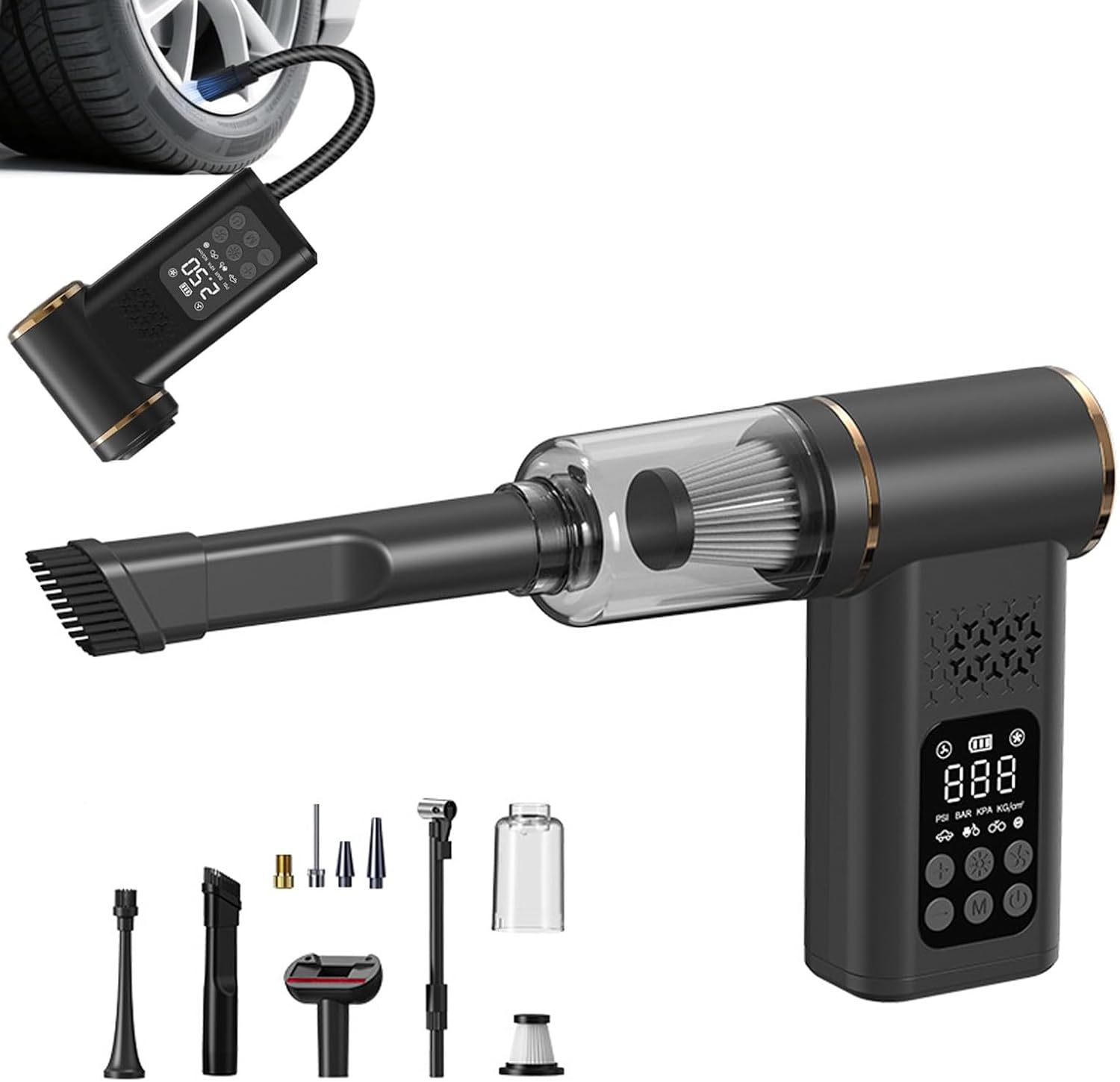 

5-in-1 Cordless Car Vacuum Cleaner Tire Inflator with LED Light Digital Gauge Portable for Car Home Pet Hair Motorcycle чёрный