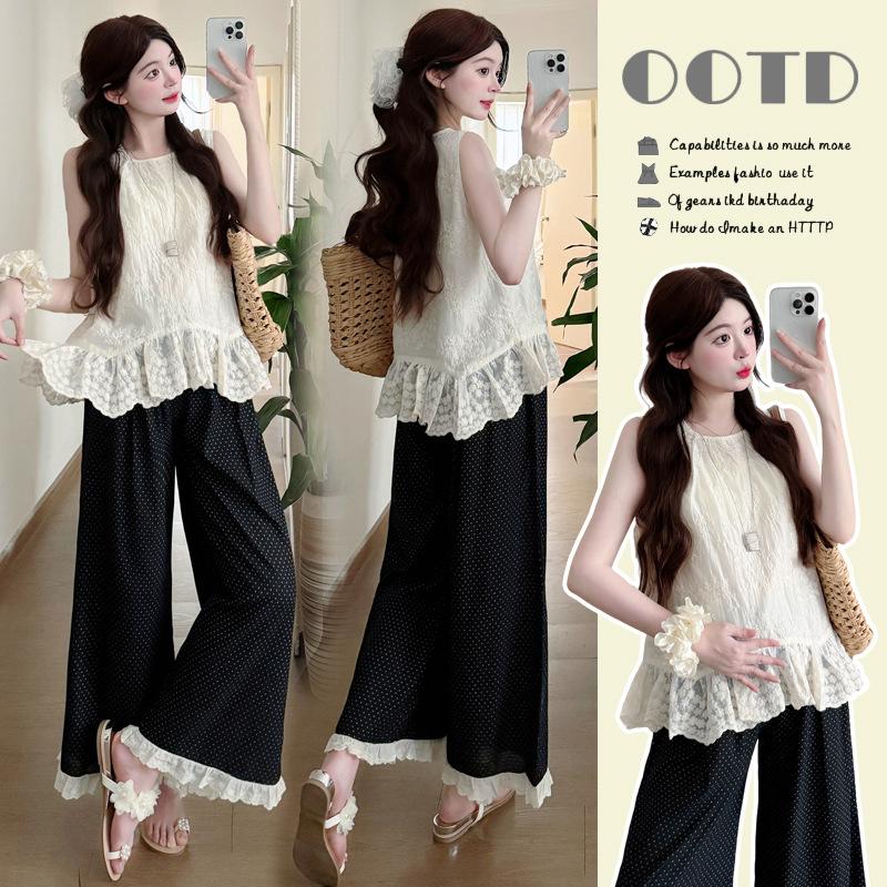 2026 Summer Gentle Maternity Polka Dot Sleeveless Top & Elastic Drawstring Pants Two-Piece Set XL