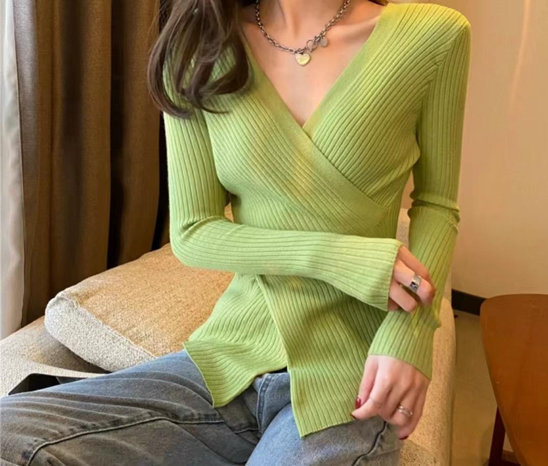 

Элегантный вязаный пуловер женский свитер весна осень и зима крест V-образный вырез повседневная нижняя рубашка длинный рукав топы женские новые свитера 1486 One Size светло-зеленый