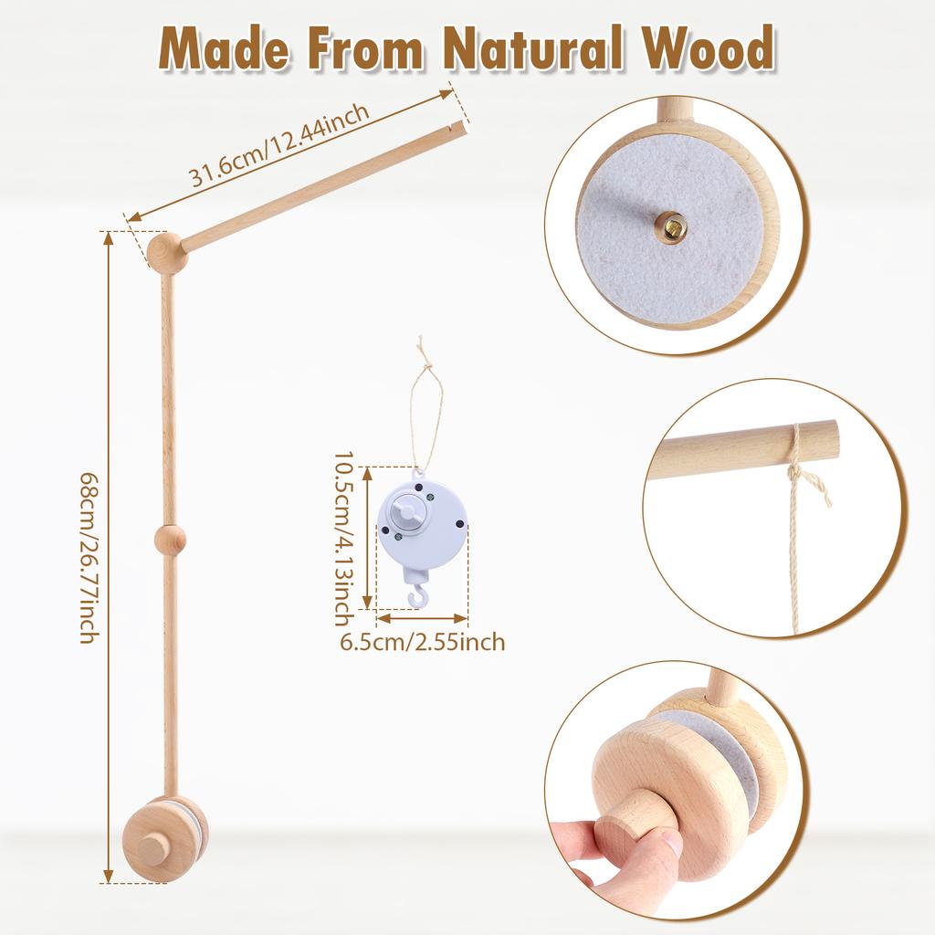 Baby Crib Mobile Arm Wooden Holder 27 Inch Beech Hangers with Rotating Music Box Nursery Decor Attachment Safe Anti Slip Set
