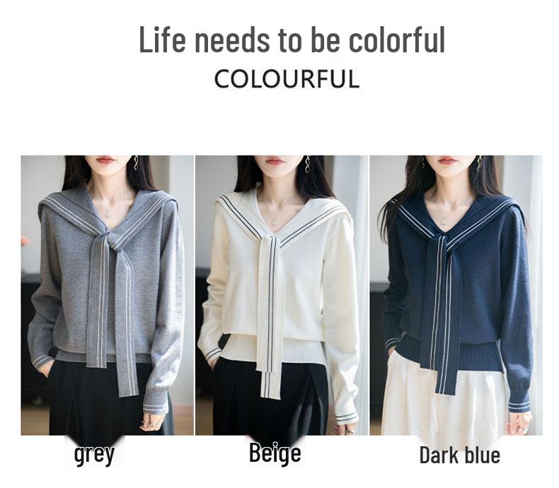 Navy Collar Knit College Style Women's Pullover Sweater - Autumn Winter, Long Sleeve, Loose Fit, Versatile.