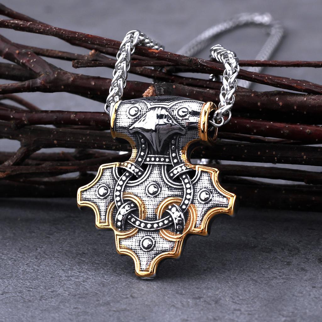 Vintage Viking Odin Raven Mjolnir Thor Hammer Necklace Stainless Steel Men Biker Amulet Pendant Gift Jewelry