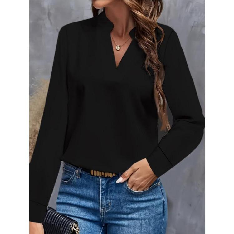 Women Autumn Spring Long Sleeve Blouse Loose Top Solid White V-neck Office Lady Simple
