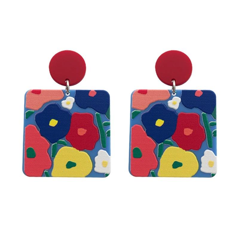 Pendientes de botón de flor de colores estilo pintura al óleo retro de color contrastante para mujer, pendientes acrílicos dulces y frescos con sentido de diseño de nicho