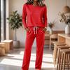 Women's Round Neck Long Sleeve Pajama Set with Drawstring Wide Leg Pants for Sleepwear Loungewear