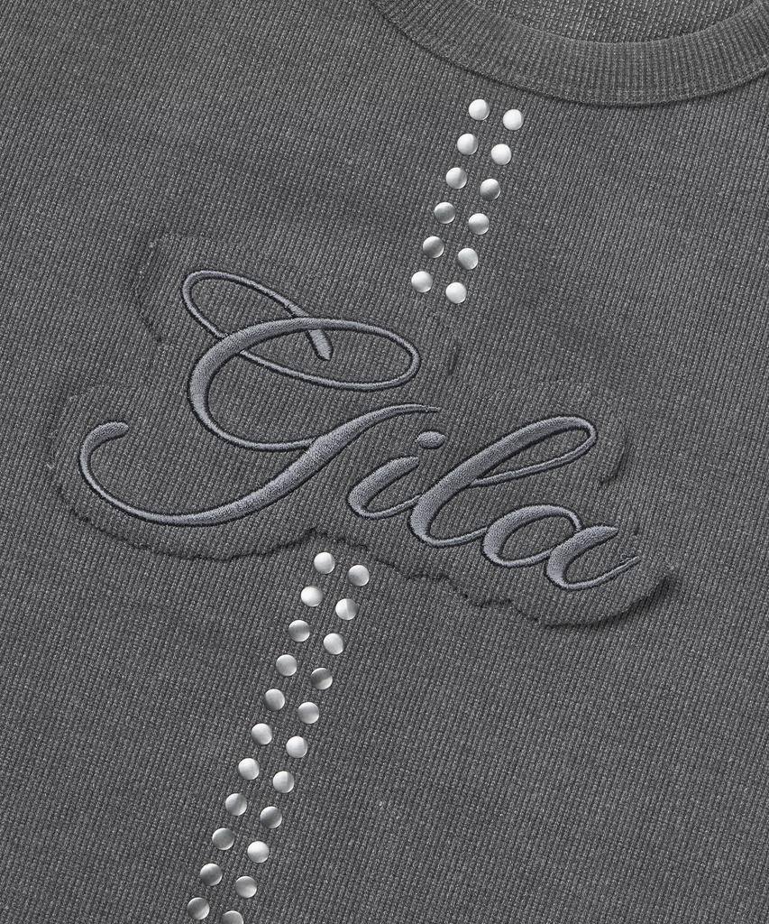 Gillaakaibeu Stud Patch Logo Dyed Crop T-Shirts_Charcoal