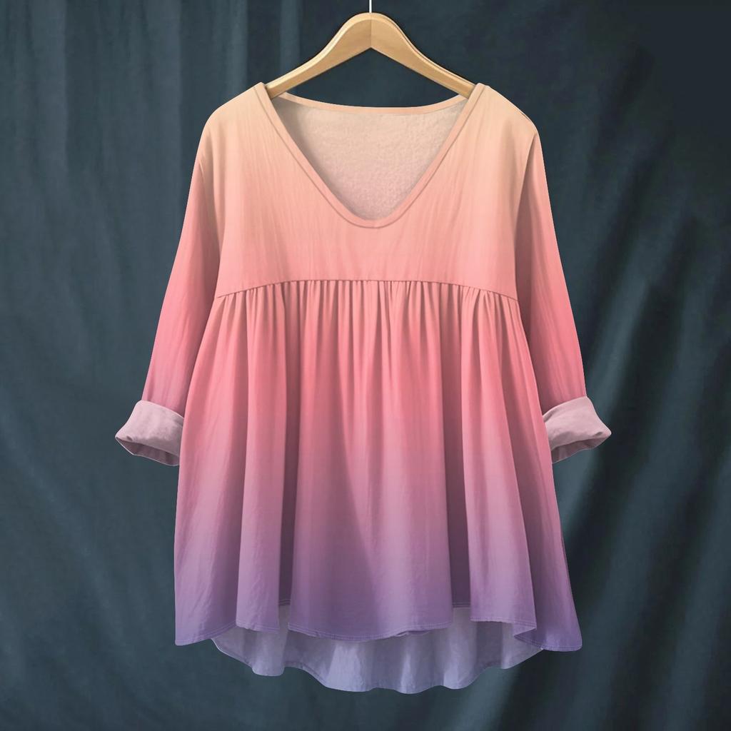 Women's Fashionable And Casual Shirt Long-sleeved V-neck Print Cotton And Linen Blouse