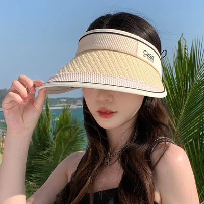 Damen Sommer Sonnenblende Hut mit breiter Krempe Strohhut Elastisches Band Leicht Papiergeflecht Reisekappe