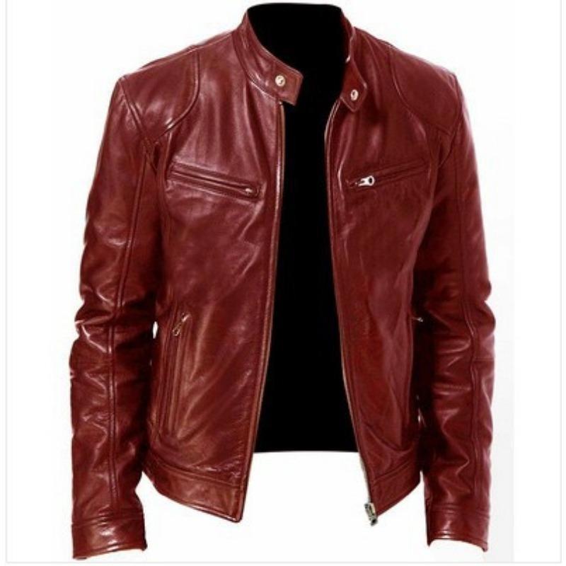 

Чоловіча мотоциклетна шкіряна куртка Slim Fit Коротке пальто з лацканами ПУ Куртки Осіннє нове вітрозахисне шкіряне пальто на блискавці Чоловічий одяг XXXL бордовий