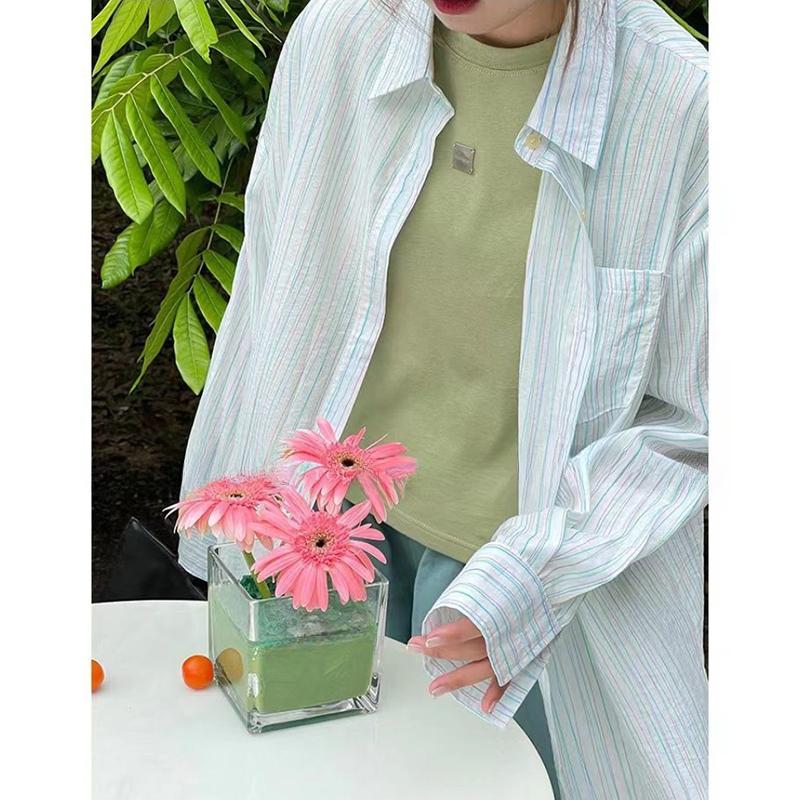 Elegant Long Sleeve Casual Sunscreen Shirts for Women Retro Chic Striped Loose Women's Blouses Tops Fashion Lapel Simple Slim Female Shirt Tops 26118