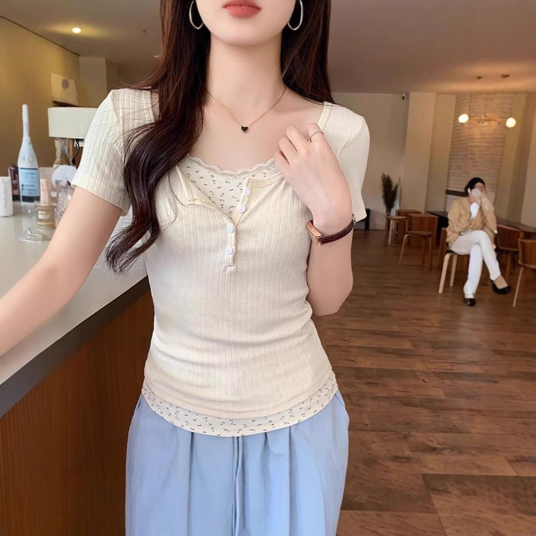 

2025 Early Spring Lace Low Neck Floral Two-Piece Base Shirt Short Sleeve Top Medium