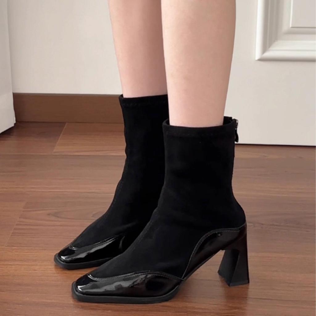 Cowhide Version Autumn and Winter Temperament Elastic Thin Boots High Heel Boots Rear Zipper Fashion Boots Square Head Simple Versatile Short Boots