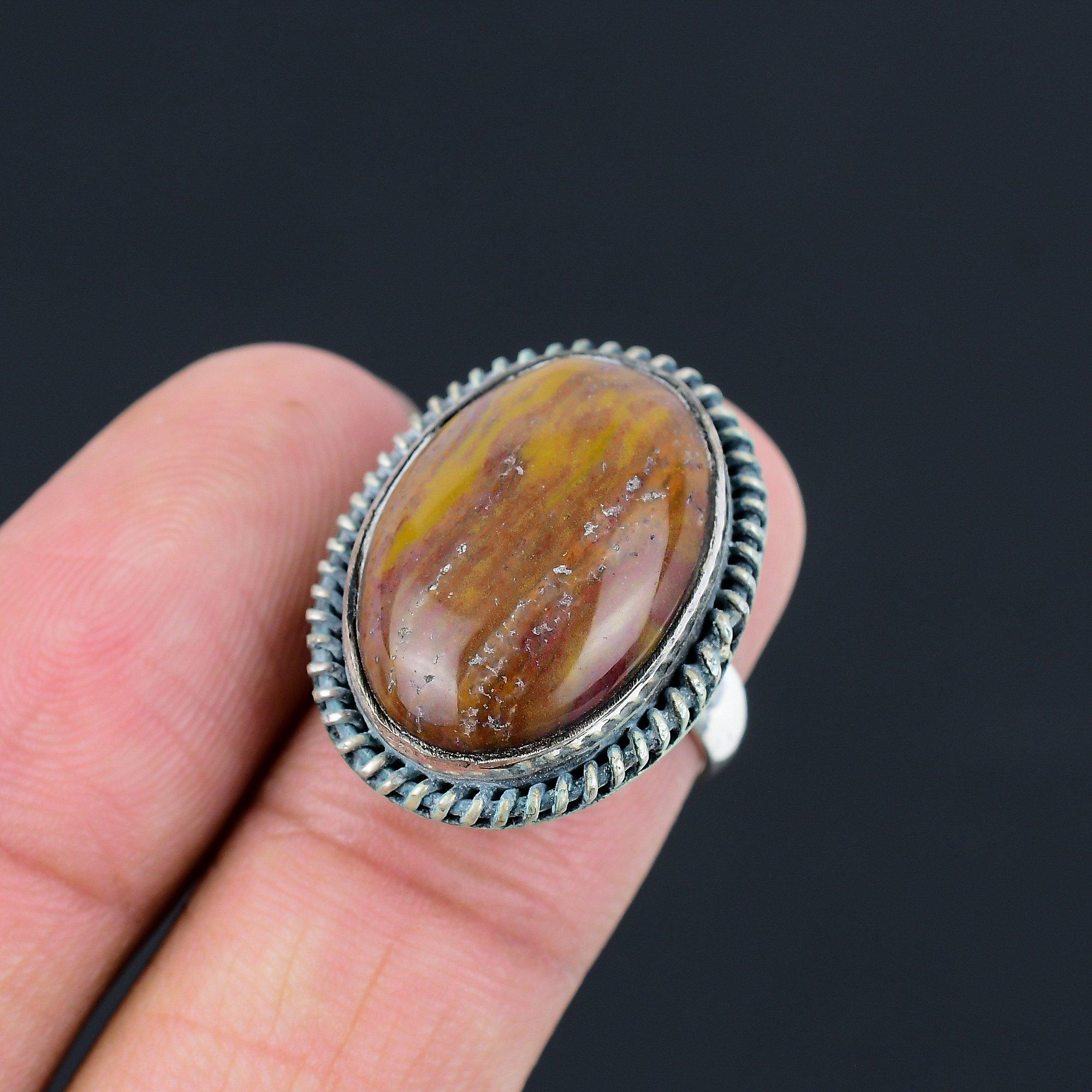 Oval Rainbow Jasper Stone 925 Sterling Silver Statement Sister Ring Jewelry US 7 7
