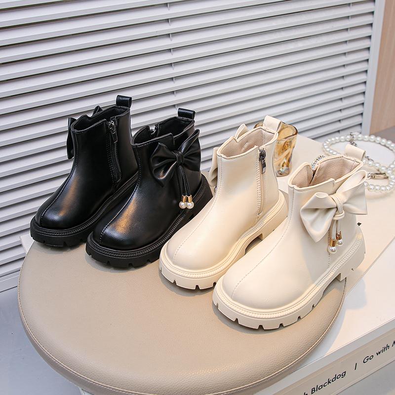 Girls Leather Boots with Big Sweet Bows Kids Ankle Boots Round Toes Soft Sole Autumn Children Princess Short Boots Elegant