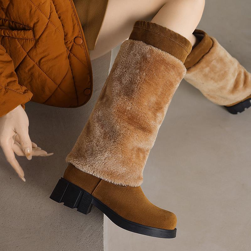 Large Size - Women's Boots Autumn and Winter Flat Heel Women's Boots Winter Boots Thick Heel Medium Tube European and American Snow Boots Keep Warm