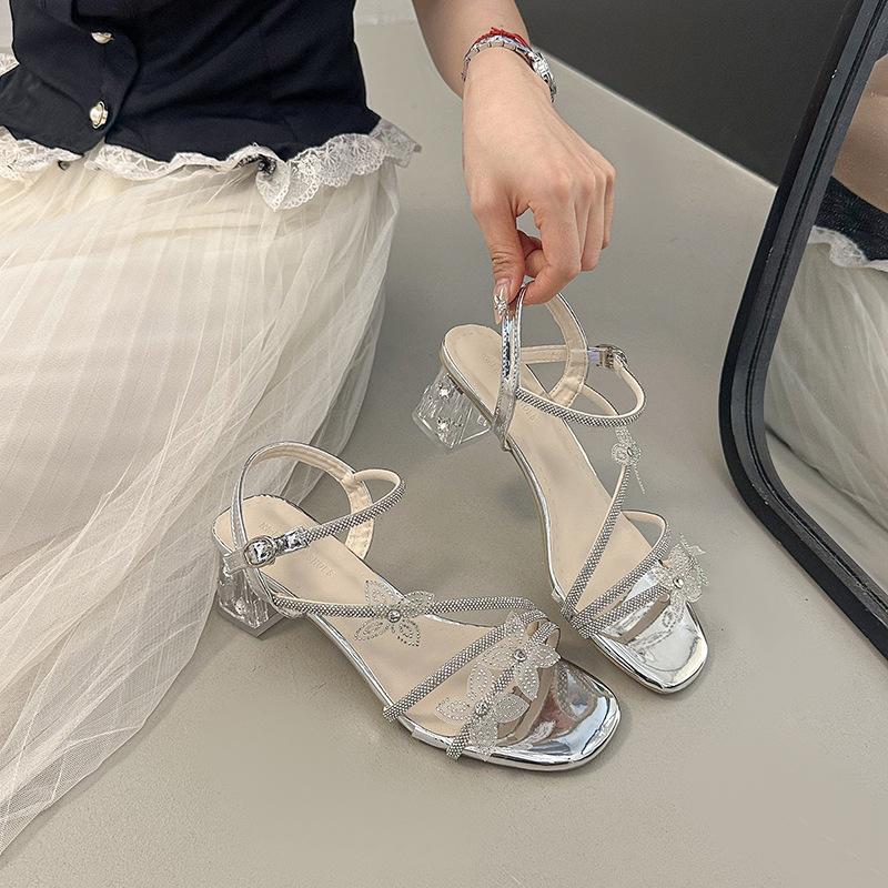 Rhinestone sandals women's outer wear 2025 summer new square head with skirt thick heel open toe beautiful butterfly crystal high heels