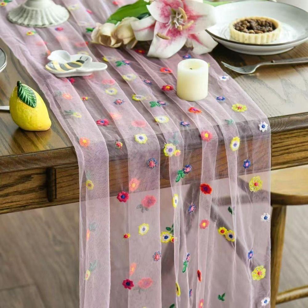 Semi-Transparent Tulle Table Runner Boho Floral Tablecloth Embroidery Daisy Table Runner  Party