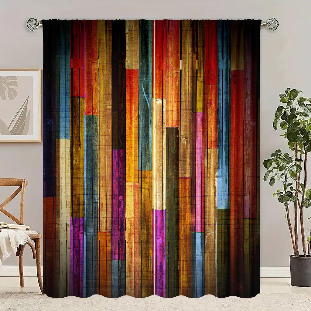 2 Pieces of Vintage Colored Plaid Stripes Printing Curtain - Polyester Material - Suitable for Bedroom Living Room Study Room an