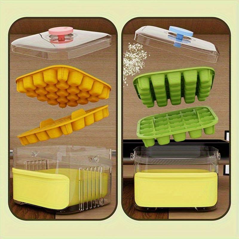 Compact Double Layer Ice Cube Tray with Lid and Bin, One-Click Demolding, Pull-Out Ice Drawer with Portable Handle with Shovel