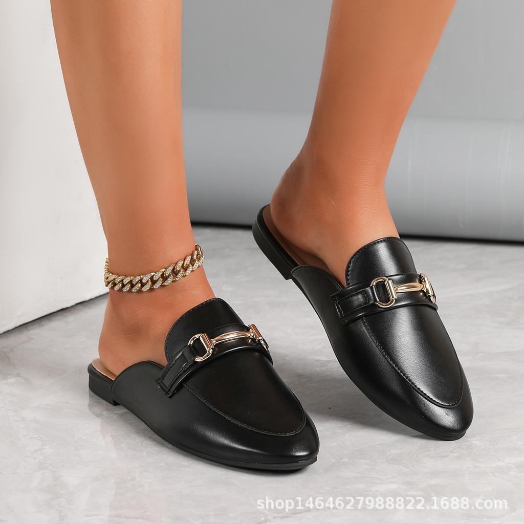 Women's Spring and Autumn New Metal Decorative Flat-bottomed Half Slippers Versatile Casual Retro College One-pedal Shoes