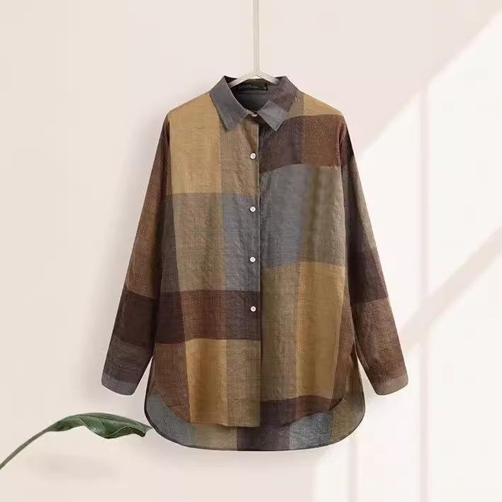 Dámská móda 2024 Volná ležérní kostkovaná patchworková košile s dlouhým rukávem pro podzim a zimu