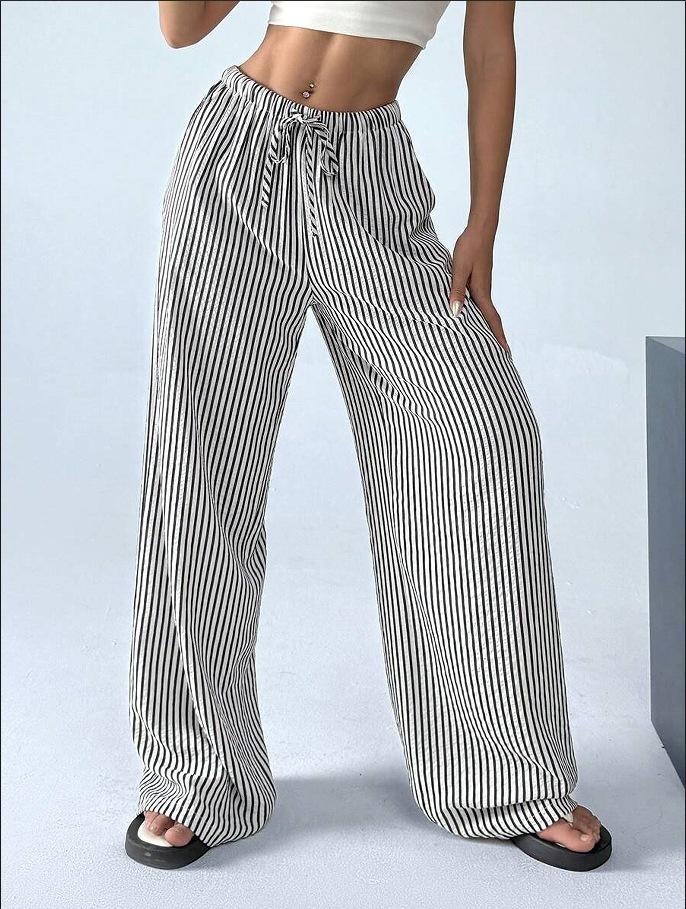 women s Striped High Waist Drawstring Wide Leg Pants Casual Loose Palazzo Trousers S чёрный