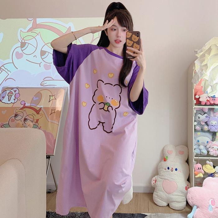 Women's Plus Size Cotton Nightdress - Cute Cartoon, Round Neck, Long Sleeve, Spring/Summer