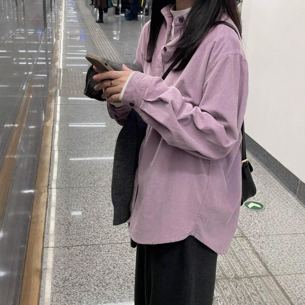 Women's Retro Purple Corduroy Shirt: Loose Fit, Korean Style, Ideal for Spring, Autumn, and Winter Layering
