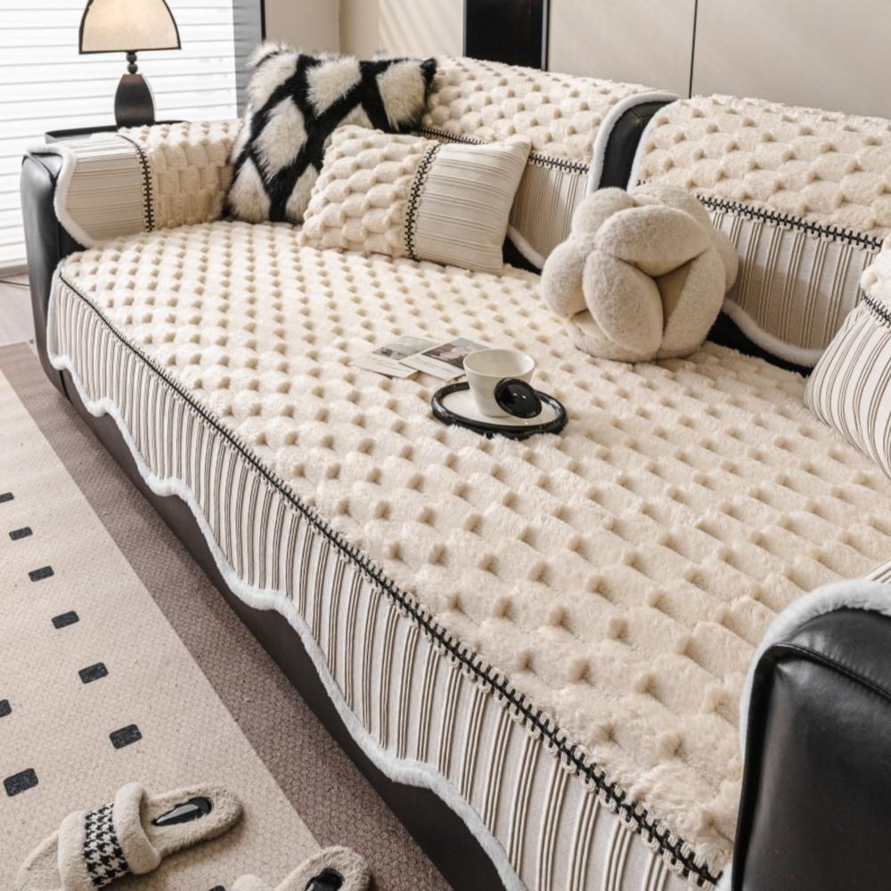 Sofa Cover Sofa Arc Edge Sofa Luxury Non-Slip Seat Soft Thicken Couch Protector Winter Patchwork Fleece Plush Sofa Cushion