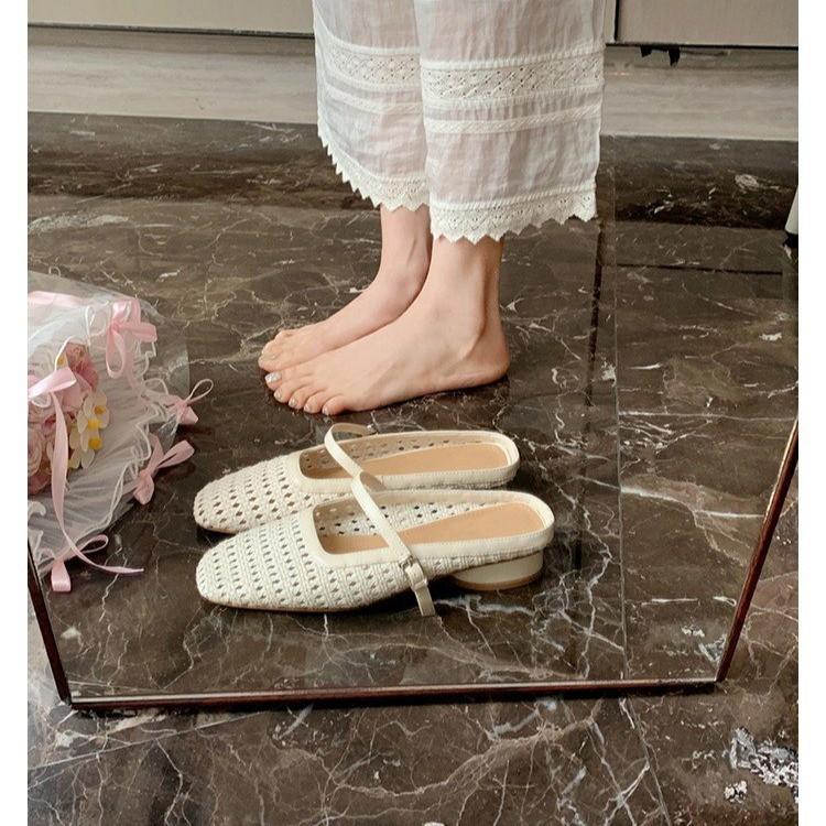 Retro woven hollow square head with thick heel Muller shoes for women's 2025 summer wear beach temperament versatile single shoes