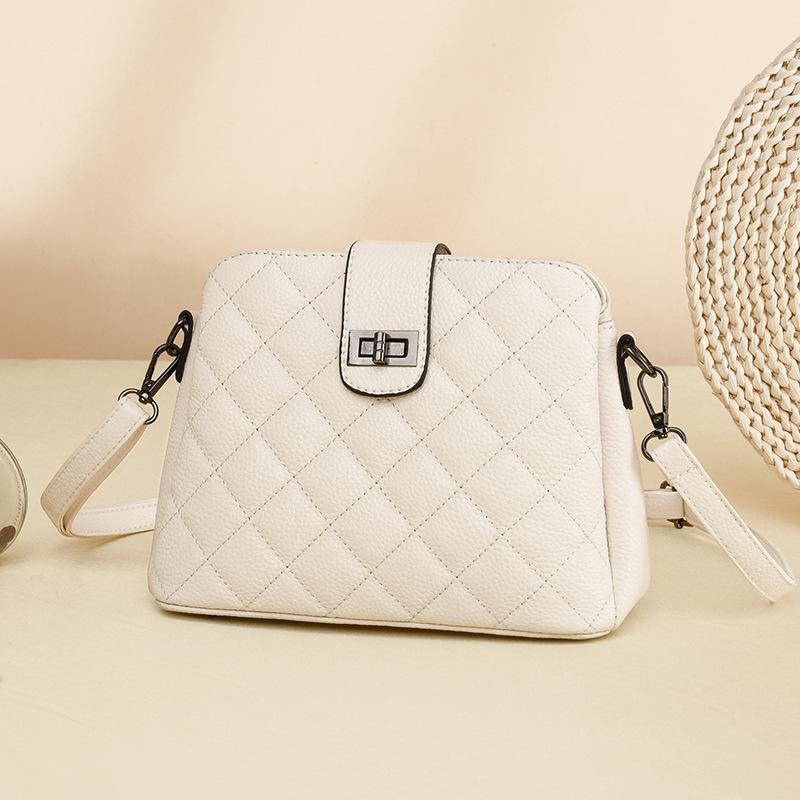 Genuine leather women's bag, new trendy embroidery thread rhombus shoulder messenger bag, first-layer cowhide bucket bag