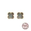 14K Gold Plated 925 Sterling Silver Four Leaf Flower Stud Earring Platinum Gray Shell Earrings
