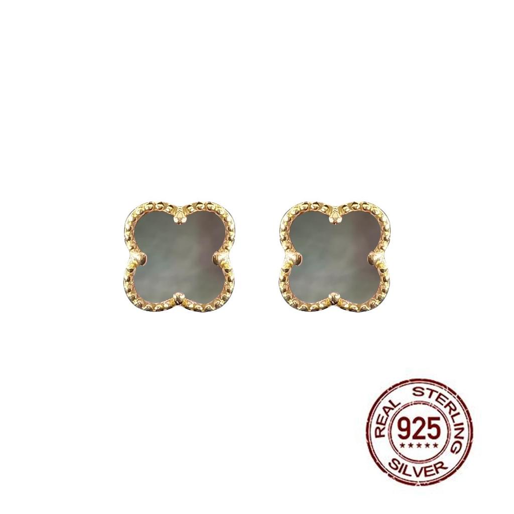 14K Gold Plated 925 Sterling Silver Four Leaf Flower Stud Earring Platinum Gray Shell Earrings